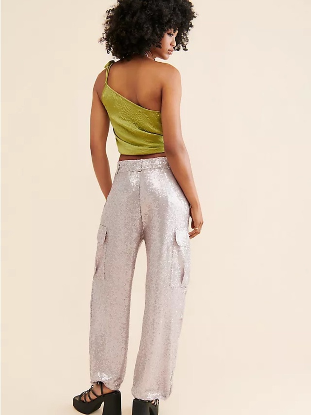 By Anthropologie Blush Silver Sequin Cargo Joggers